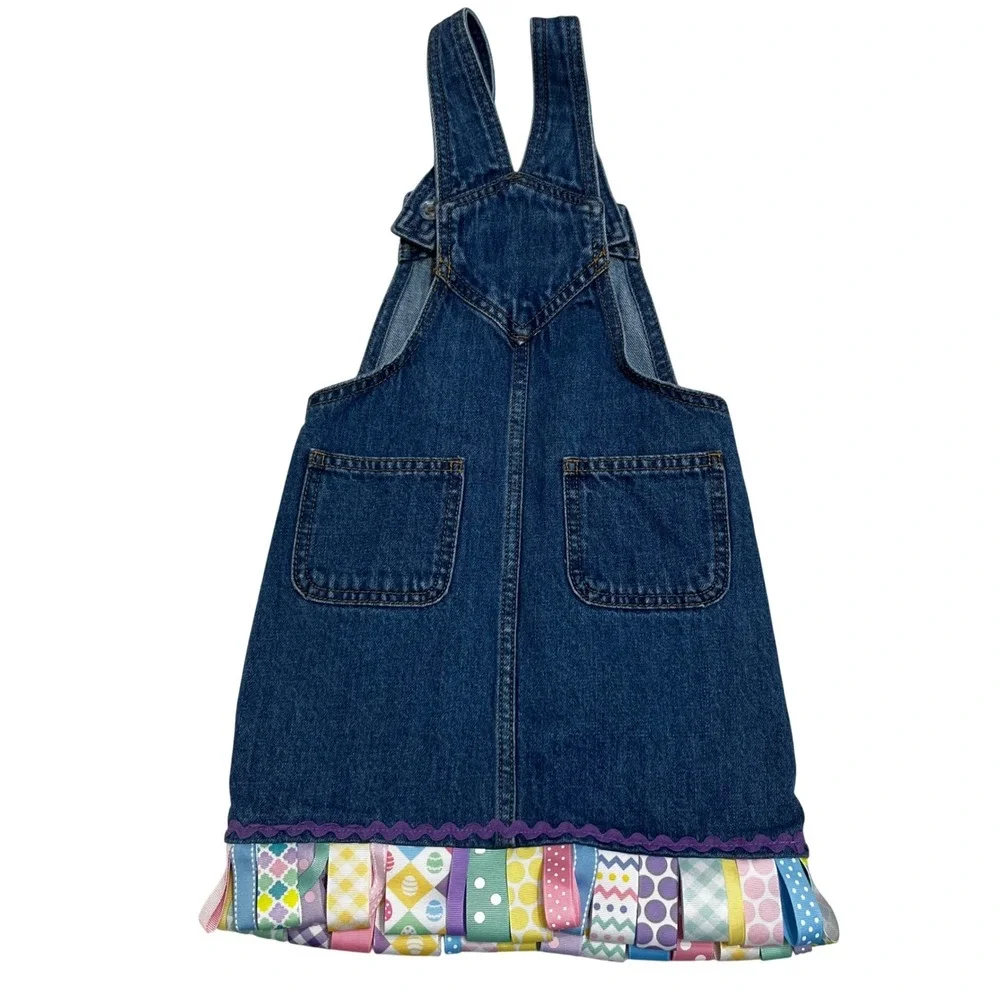 Old‎ Navy Girls 5T Blue Denim Easter Peeps Ribbon Trim Jumper Dress Custom Bow